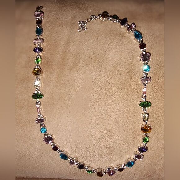 Multicolor Silver Tone And Faux Gemstone Necklace. 15 To 16 Inches - Picture 1 of 2